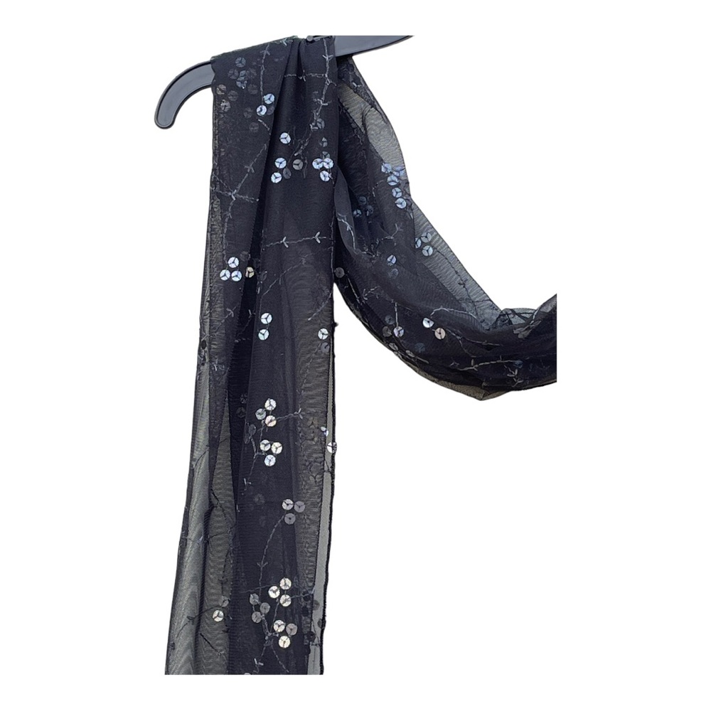 Black Soft Mesh Tulle Hologram Sequin Embroidered Scarf/Wrap 90" X 19" - Picture 5 of 7